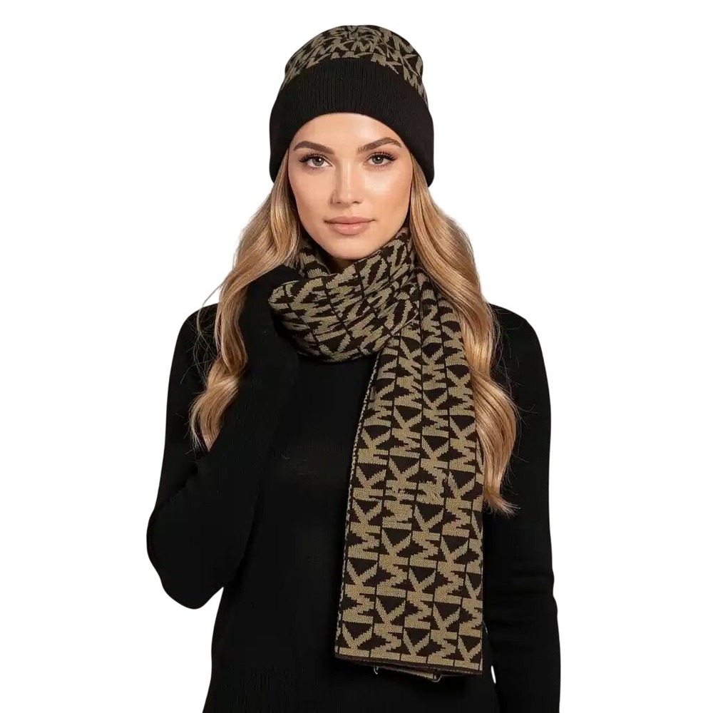Michael Kors Womens MK Logo Beanie and Scarf Set Black Beige 534381C NIB